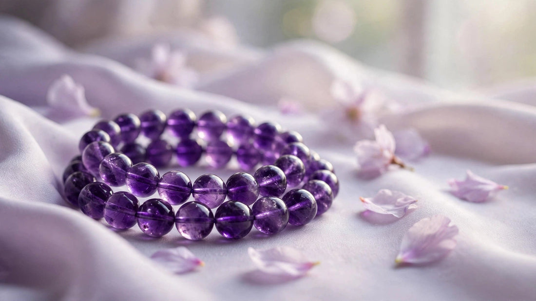 Deep purple amethyst beaded bracelet on lavender silk