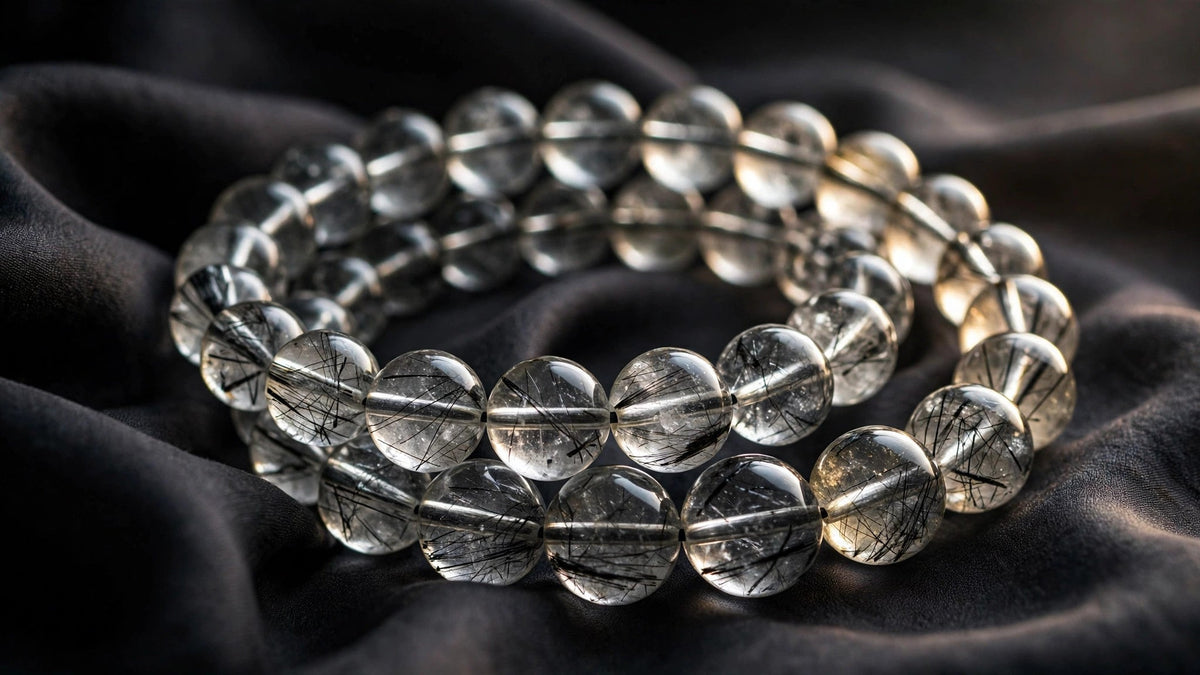 Black rutilated quartz bracelet with fine black needle inclusions on dark silk