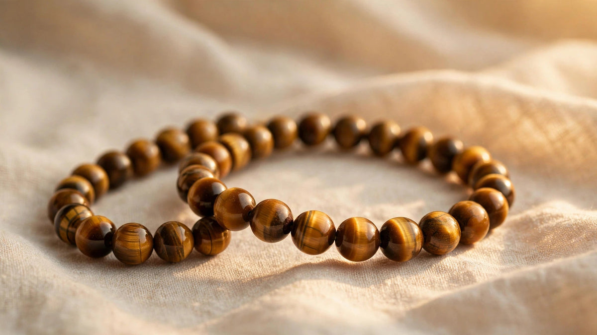 Golden tiger's eye beaded bracelet showing silky chatoyant light band