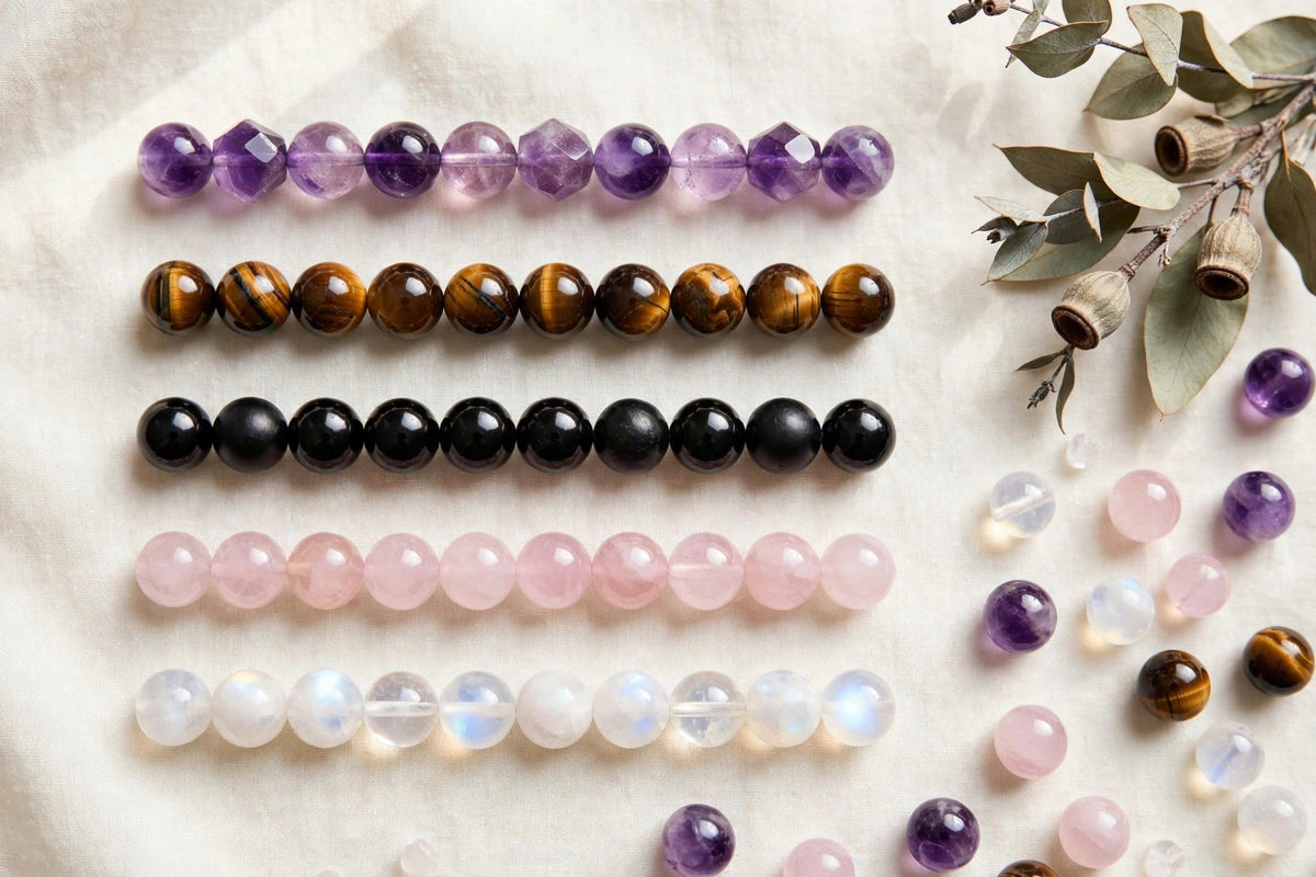 Assorted natural crystal beaded bracelets flat lay for wholesale buyers
