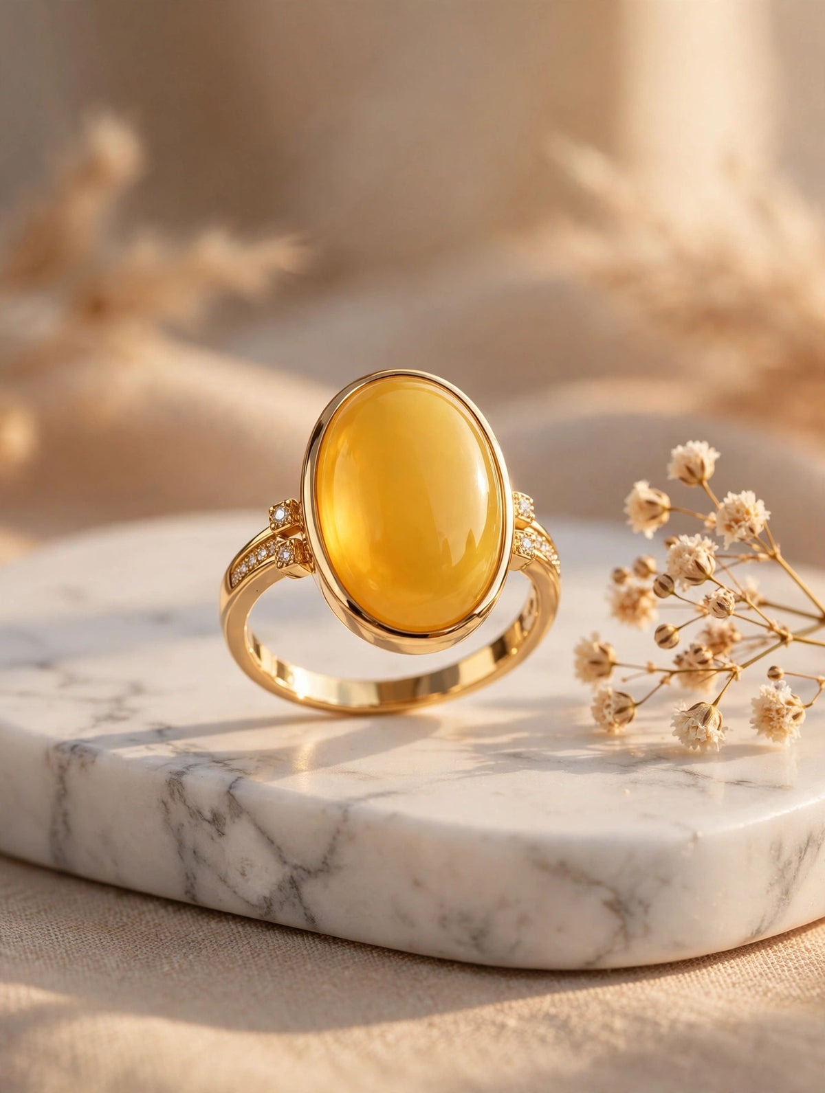 Honey amber solitaire ring on a marble tray with dried flowers